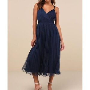 Lulus Exemplary Aura Navy Tulle Surplice Midi Dress
